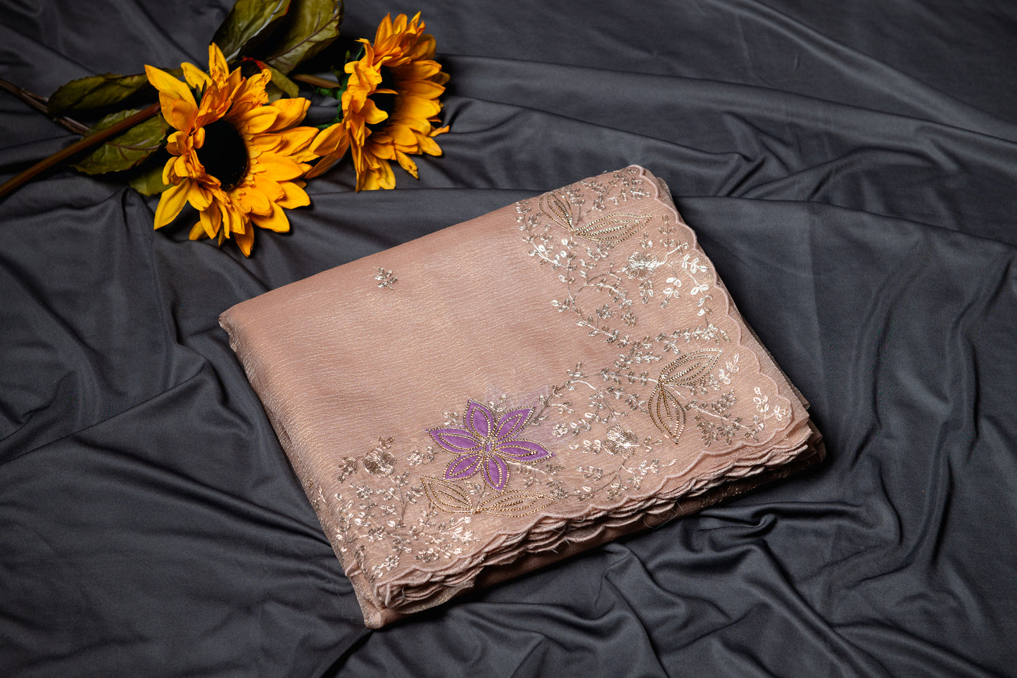 Pure crush tissue saree with pitta hand work- Copper gold