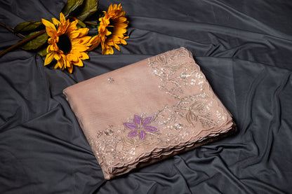 Pure crush tissue saree with pitta hand work- Copper gold