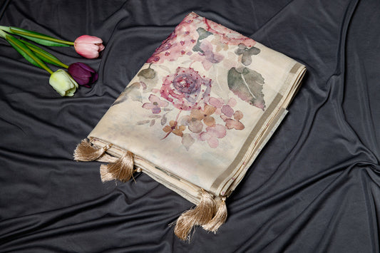 Tussar silk floral hand embroidery -Beige