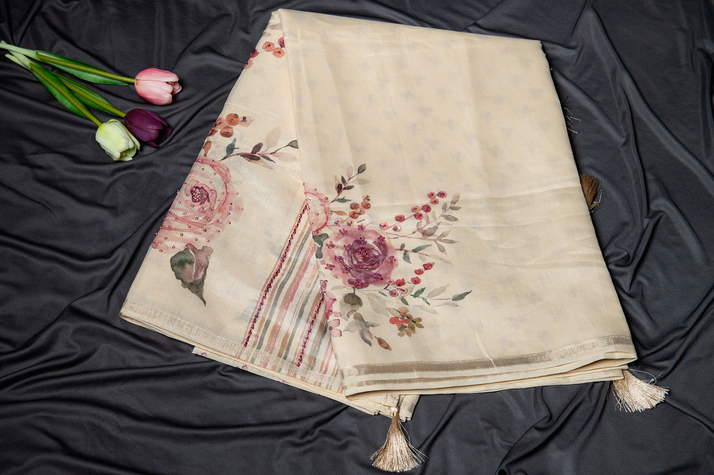 Tussar silk floral hand embroidery -Beige