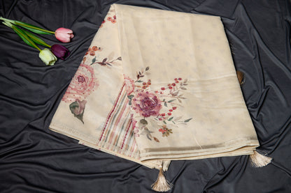 Tussar silk floral hand embroidery -Beige