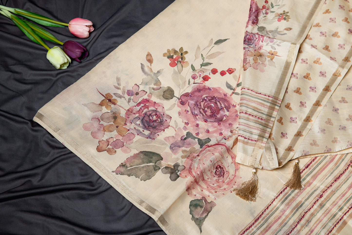 Tussar silk floral hand embroidery -Beige