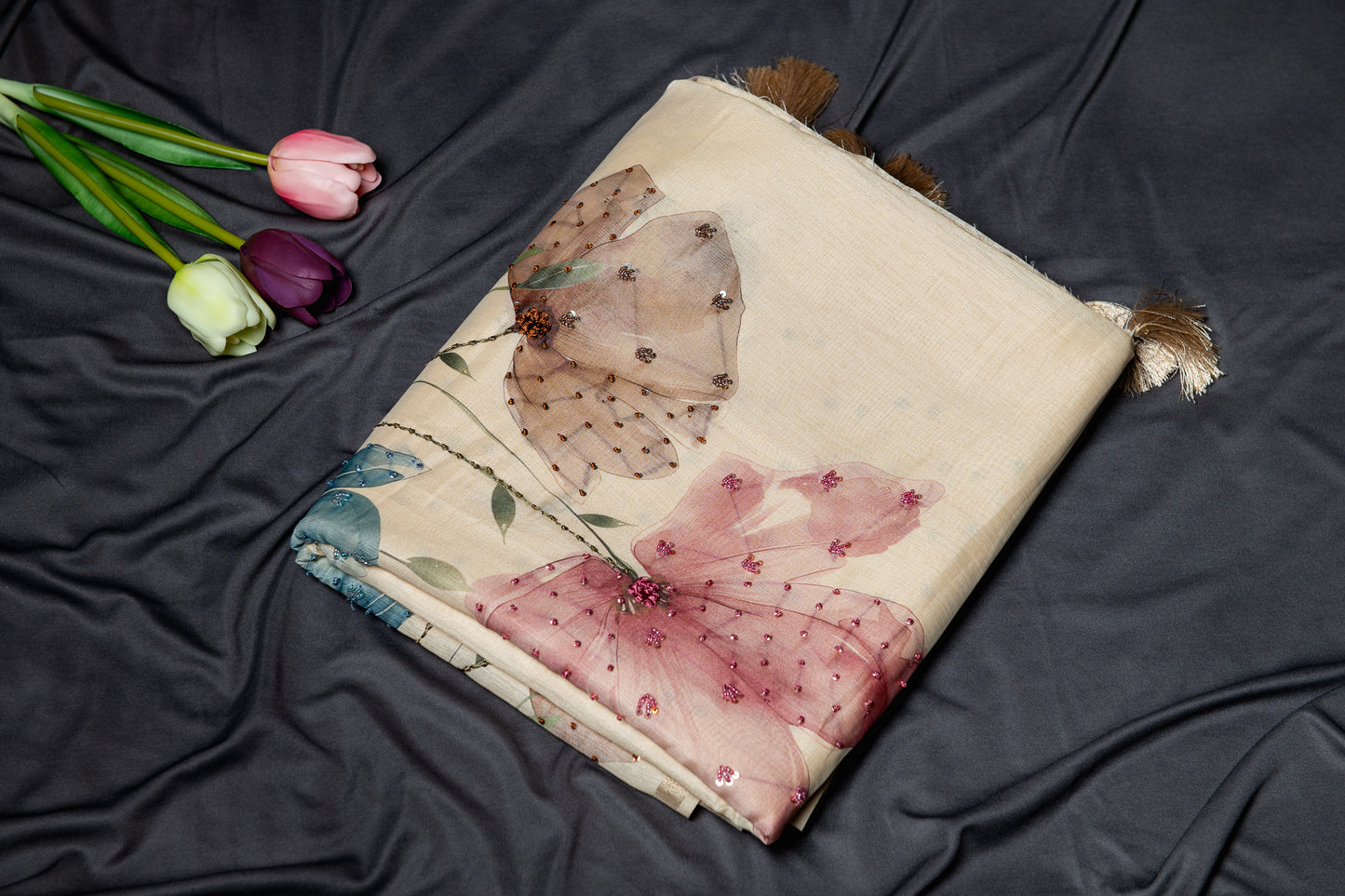 Tussar silk floral hand embroidery -Beige