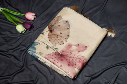 Tussar silk floral hand embroidery -Beige