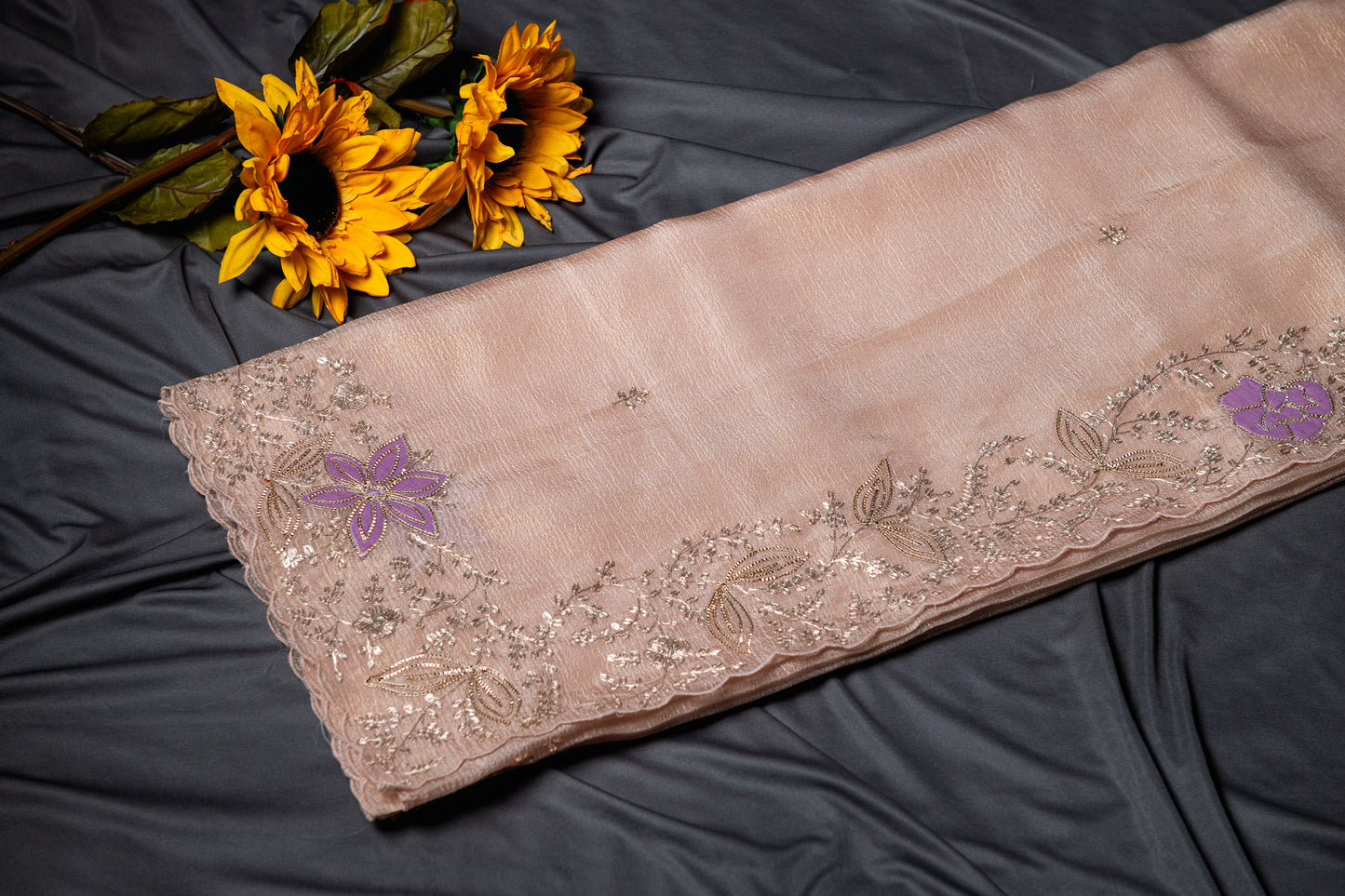 Pure crush tissue saree with pitta hand work- Copper gold