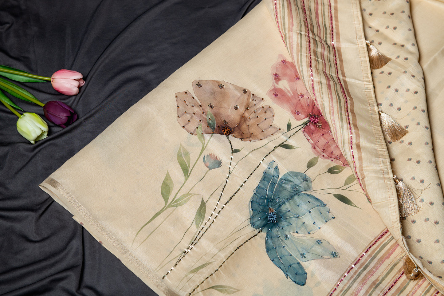 Tussar silk floral hand embroidery -Beige