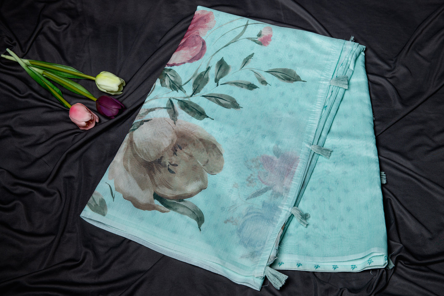 Semi tussar floral print saree-Blue