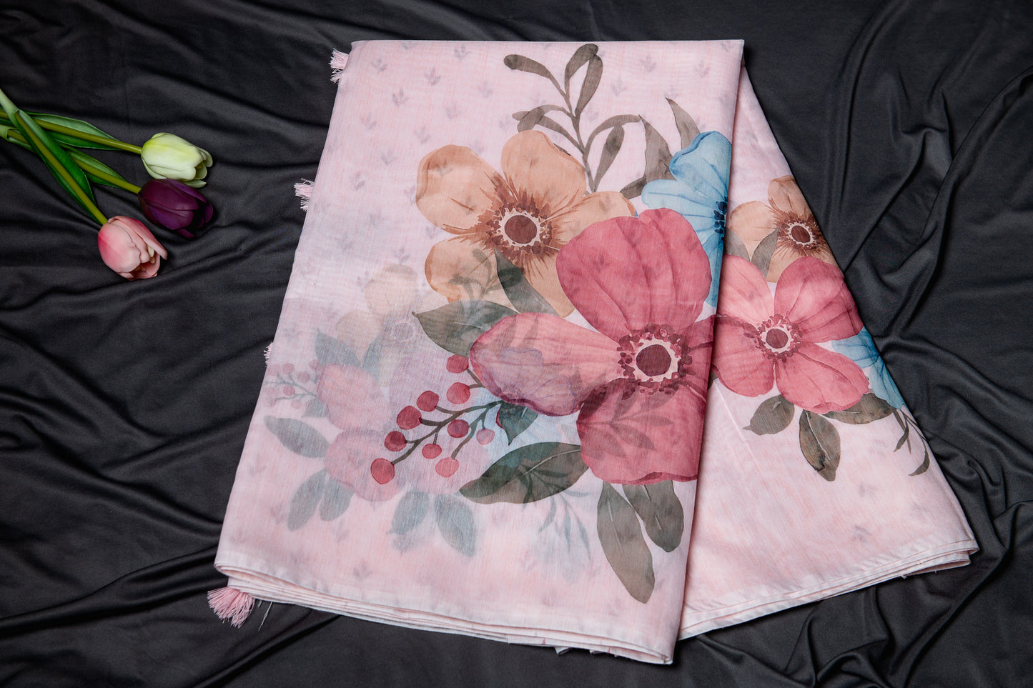 Semi tussar floral print saree-pink