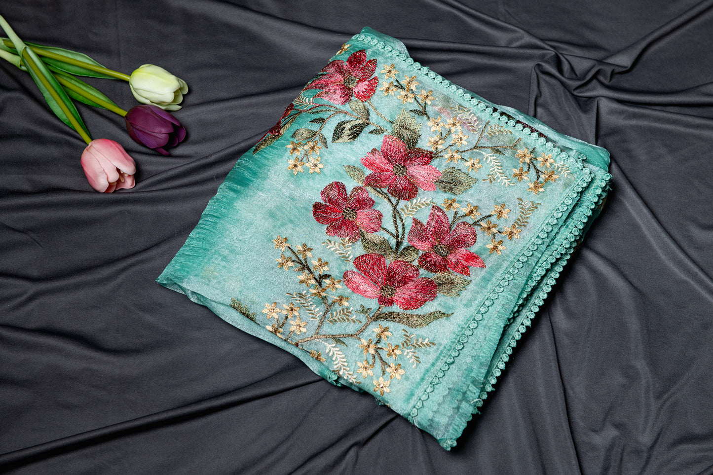 Glass tissue Resham floral embroidery - Sea green