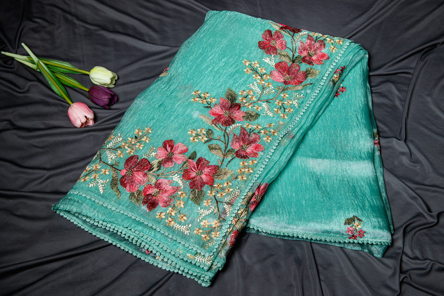 Glass tissue Resham floral embroidery - Sea green