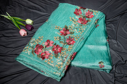Glass tissue Resham floral embroidery - Sea green