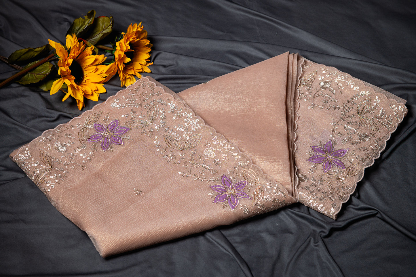 Pure crush tissue saree with pitta hand work- Copper gold