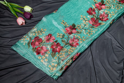 Glass tissue Resham floral embroidery - Sea green