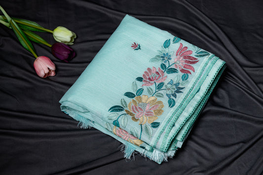 Kota floral embroidery saree -sea green
