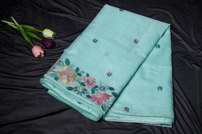 Kota floral embroidery saree -sea green