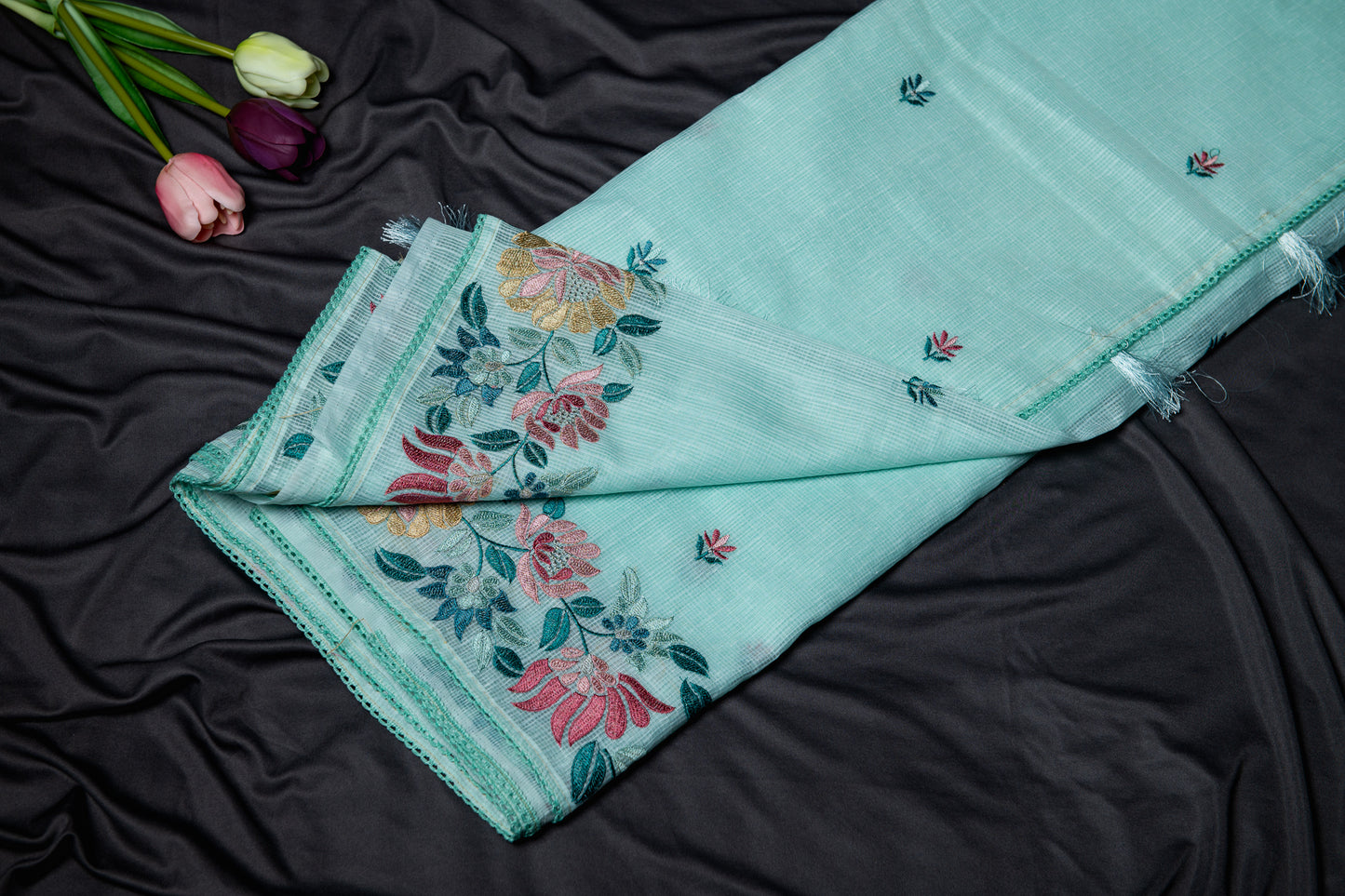 Kota floral embroidery saree -sea green