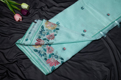 Kota floral embroidery saree -sea green