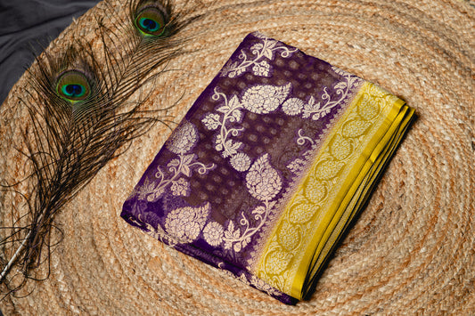 Gorgette khaddi jaal pattern banarasi saree - Purple