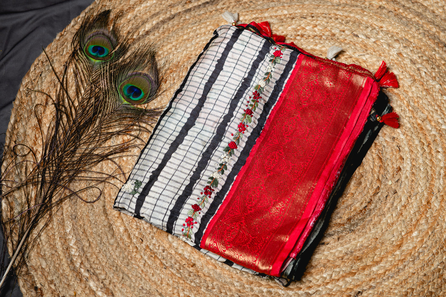 Premium Soft munga silk with frenchknot hand embroidery