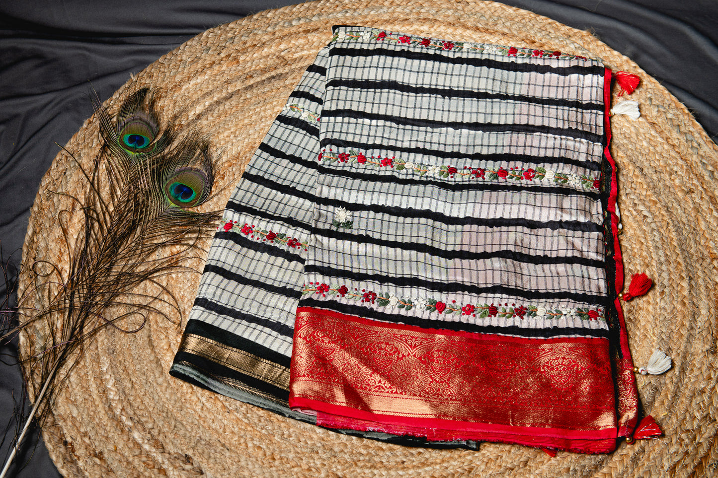 Premium Soft munga silk with frenchknot hand embroidery