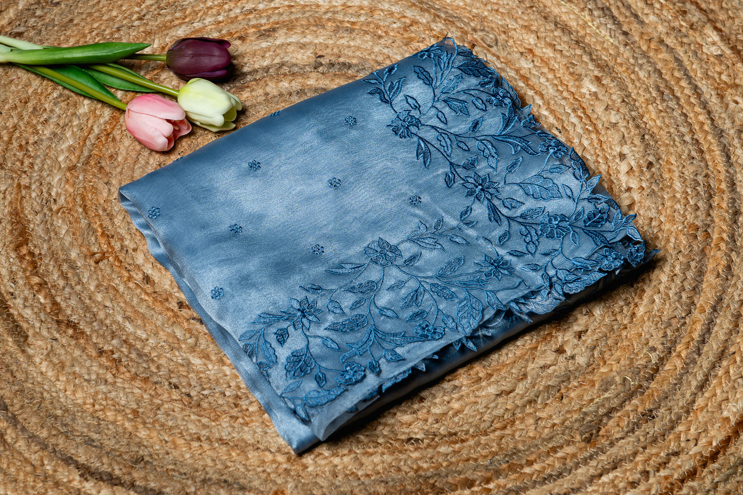 Organza glass tissue applique saree - Blue