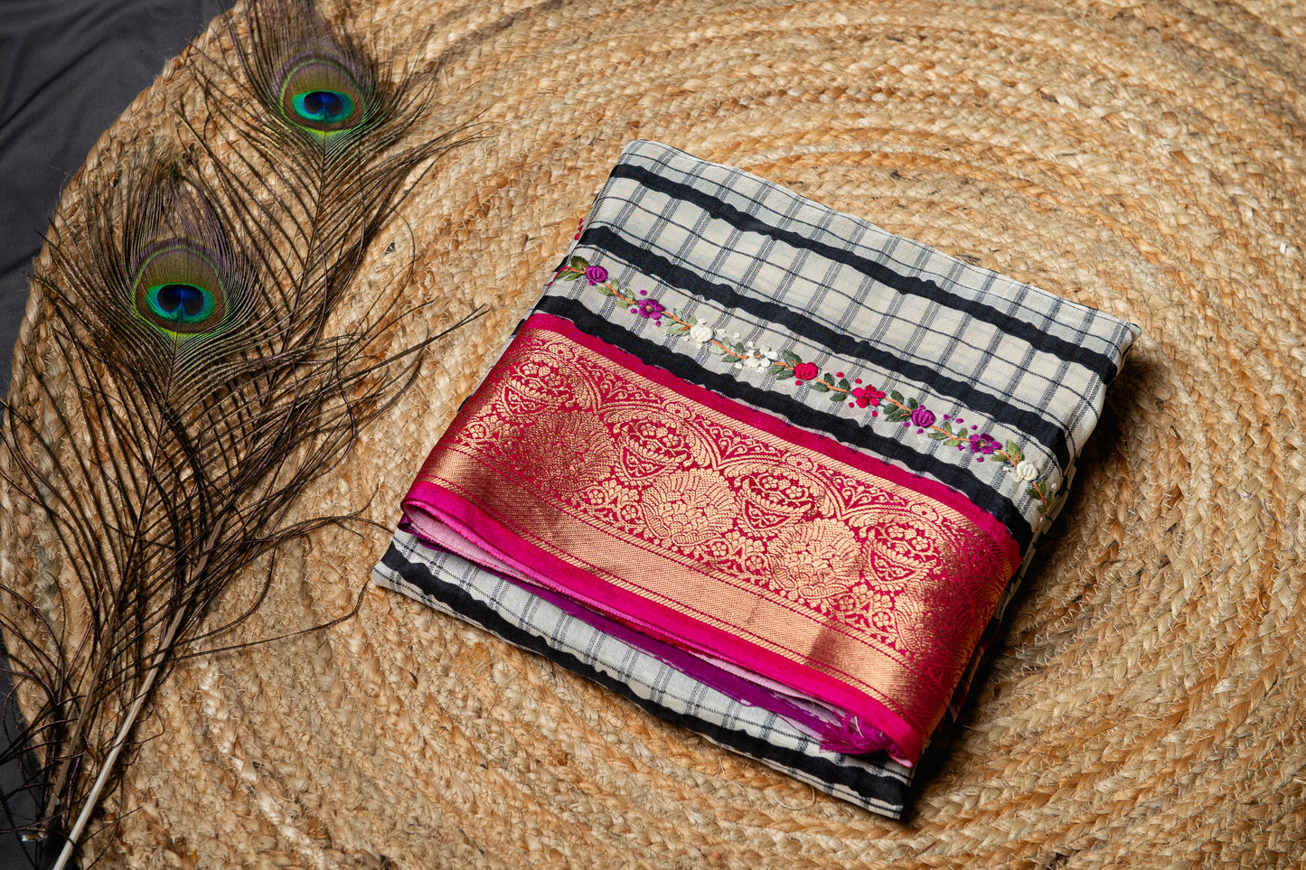 Premium Soft munga silk with frenchknot hand embroidery