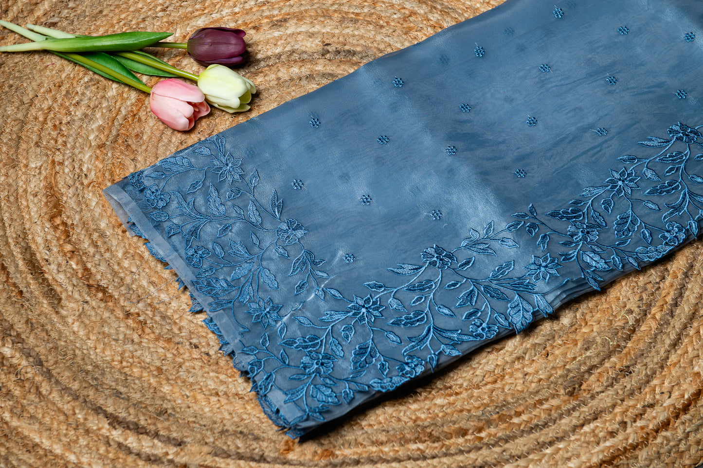 Organza glass tissue applique saree - Blue