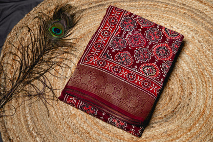Pure Dola silk ajrakh handblock print saree -Maroon