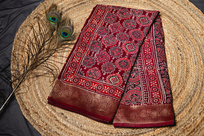 Pure Dola silk ajrakh handblock print saree -Maroon