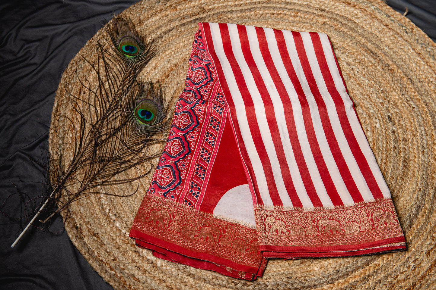 Pure Dola silk ajrakh handblock print saree -Red