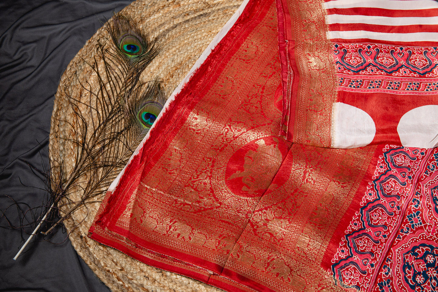 Pure Dola silk ajrakh handblock print saree -Red