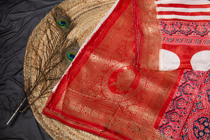 Pure Dola silk ajrakh handblock print saree -Red