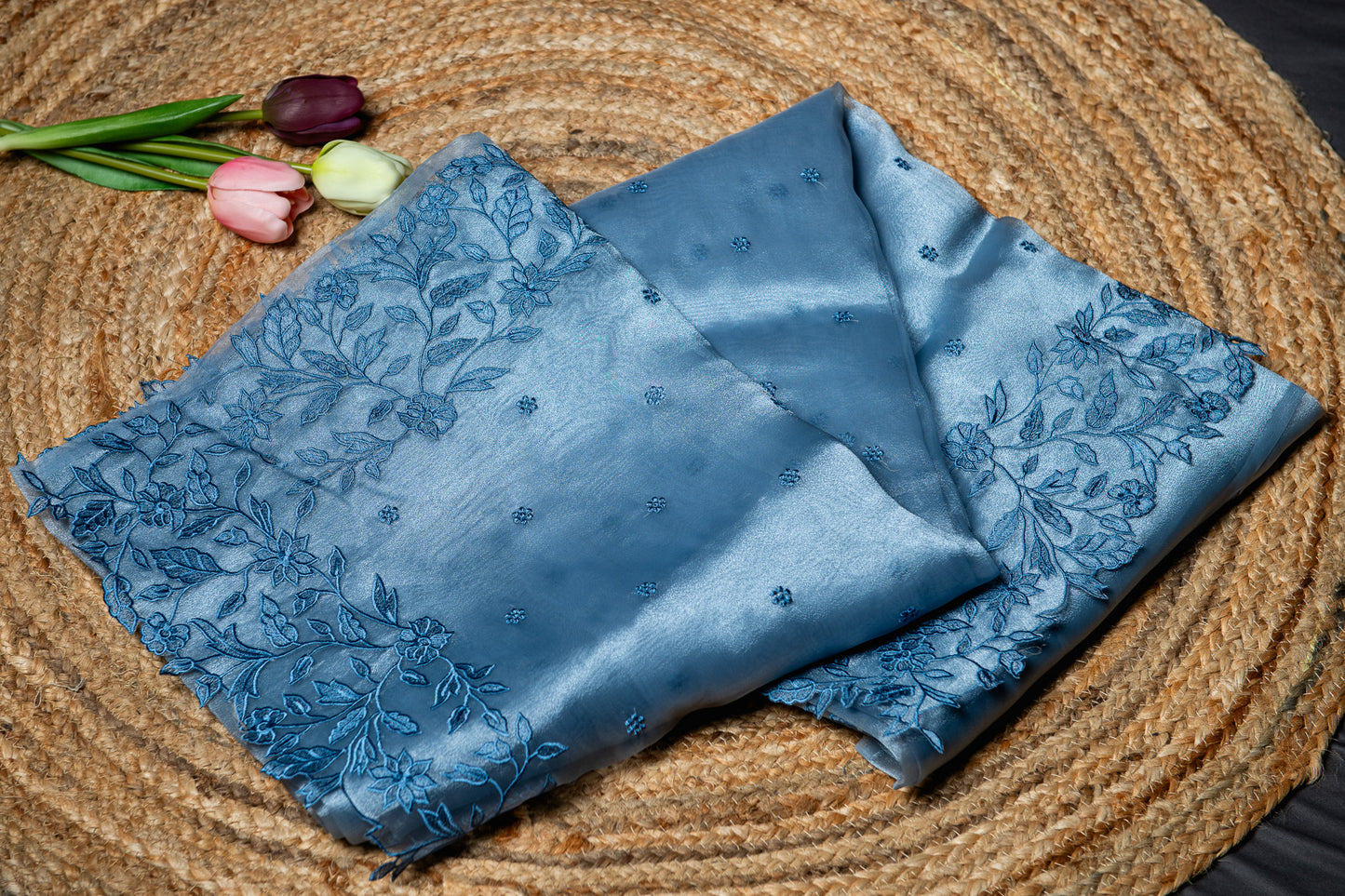 Organza glass tissue applique saree - Blue
