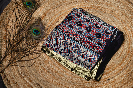 Pure modal silk ajrak handblock saree- black