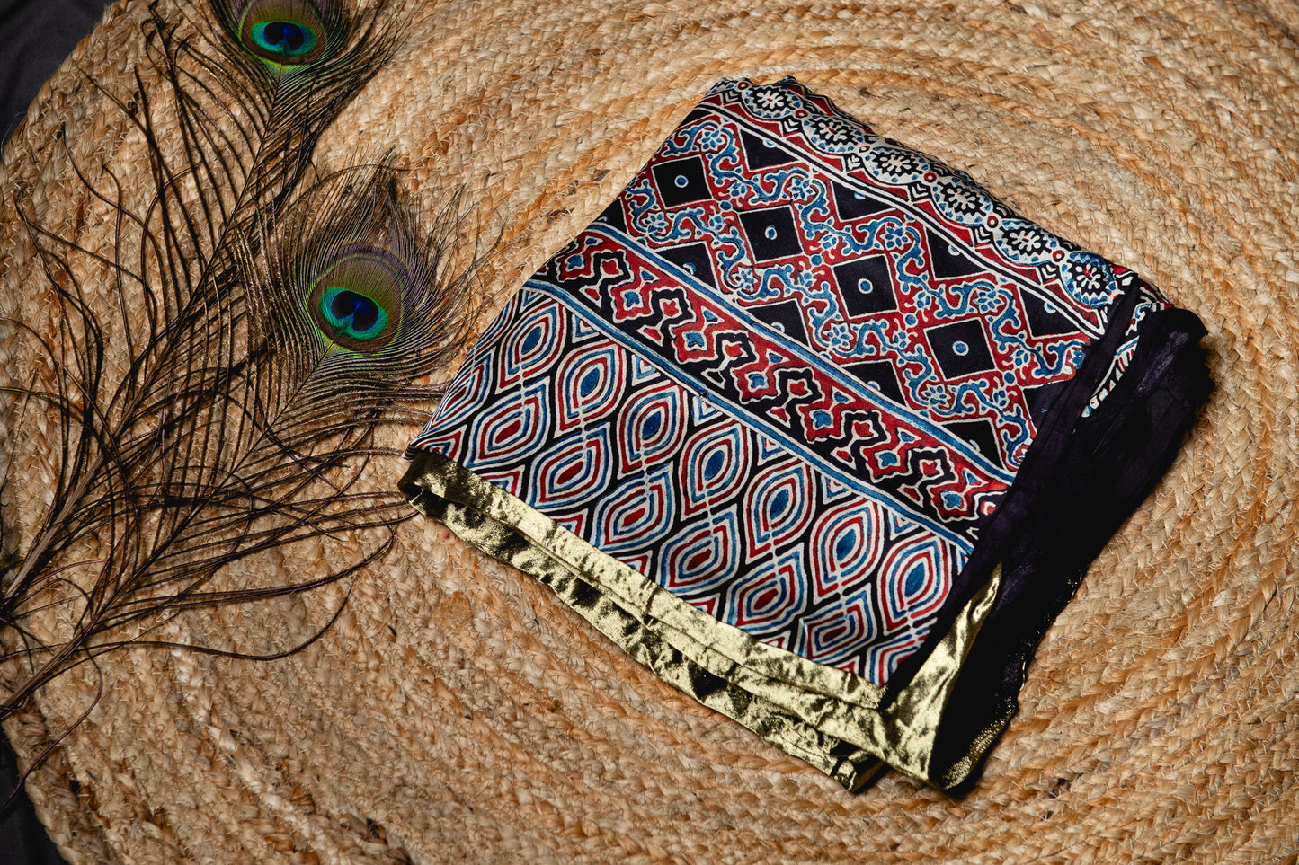 Pure modal silk ajrak handblock saree- black