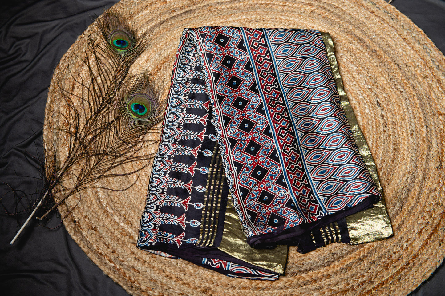 Pure modal silk ajrak handblock saree- black