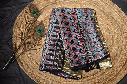 Pure modal silk ajrak handblock saree- black