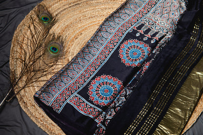 Pure modal silk ajrak handblock saree- black