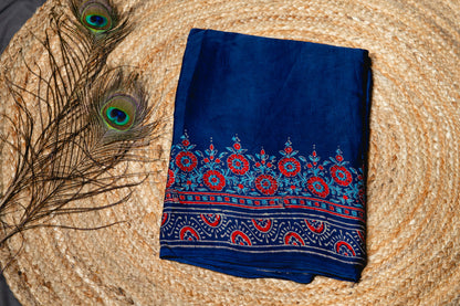 Pure modal silk ajrakh handblock print saree -blue