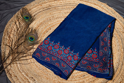 Pure modal silk ajrakh handblock print saree -blue