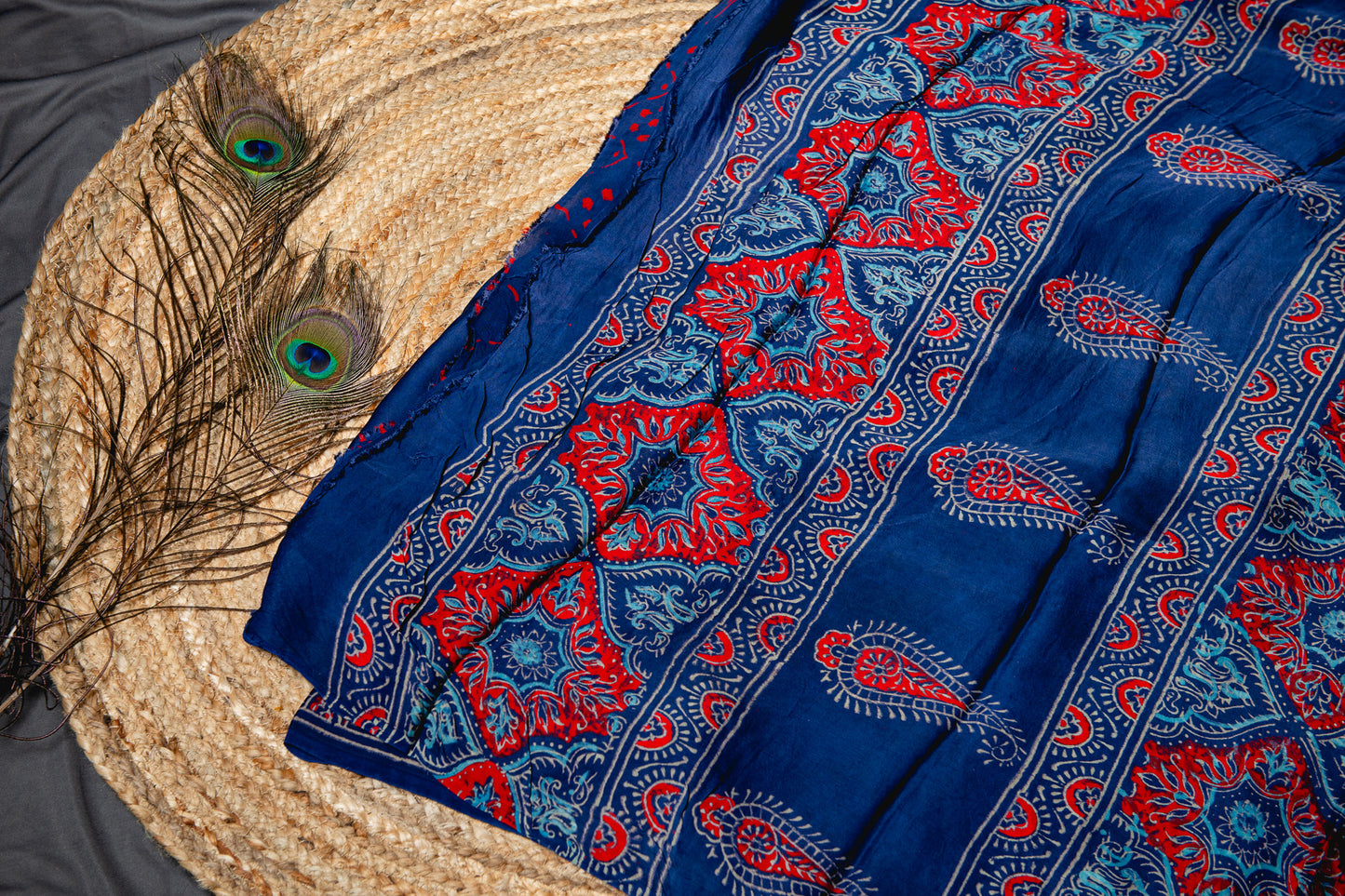 Pure modal silk ajrakh handblock print saree -blue