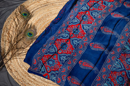 Pure modal silk ajrakh handblock print saree -blue