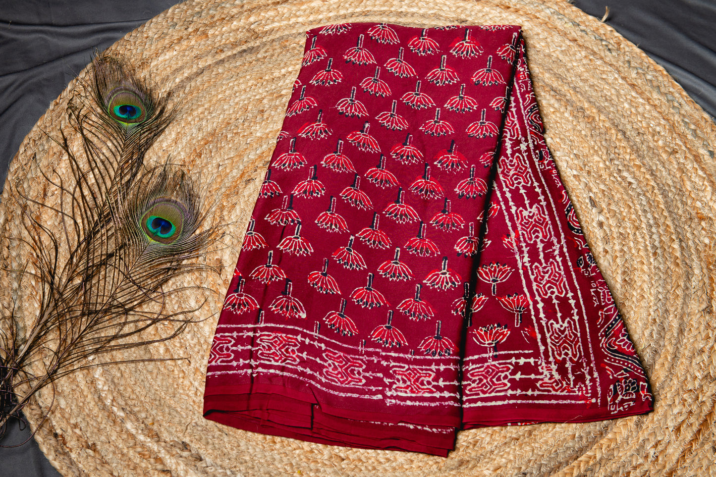 Pure modal silk ajrakh handblock print saree -Maroon