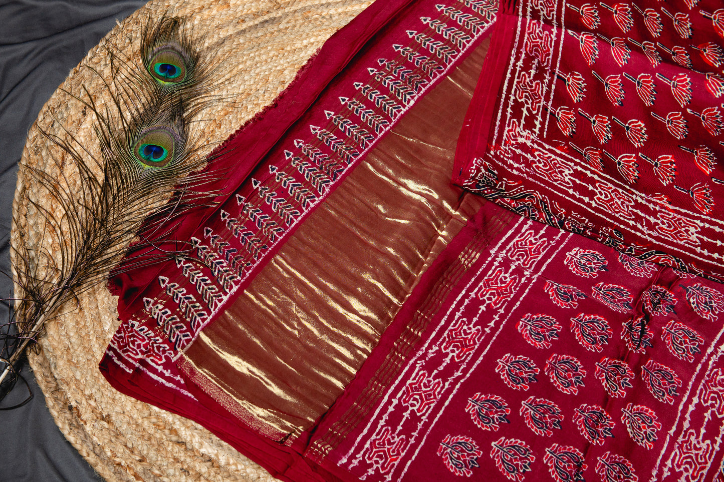 Pure modal silk ajrakh handblock print saree -Maroon