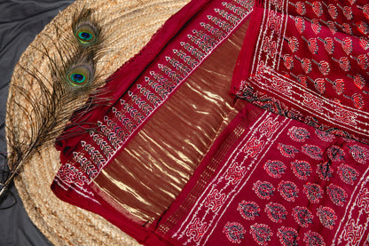 Pure modal silk ajrakh handblock print saree -Maroon