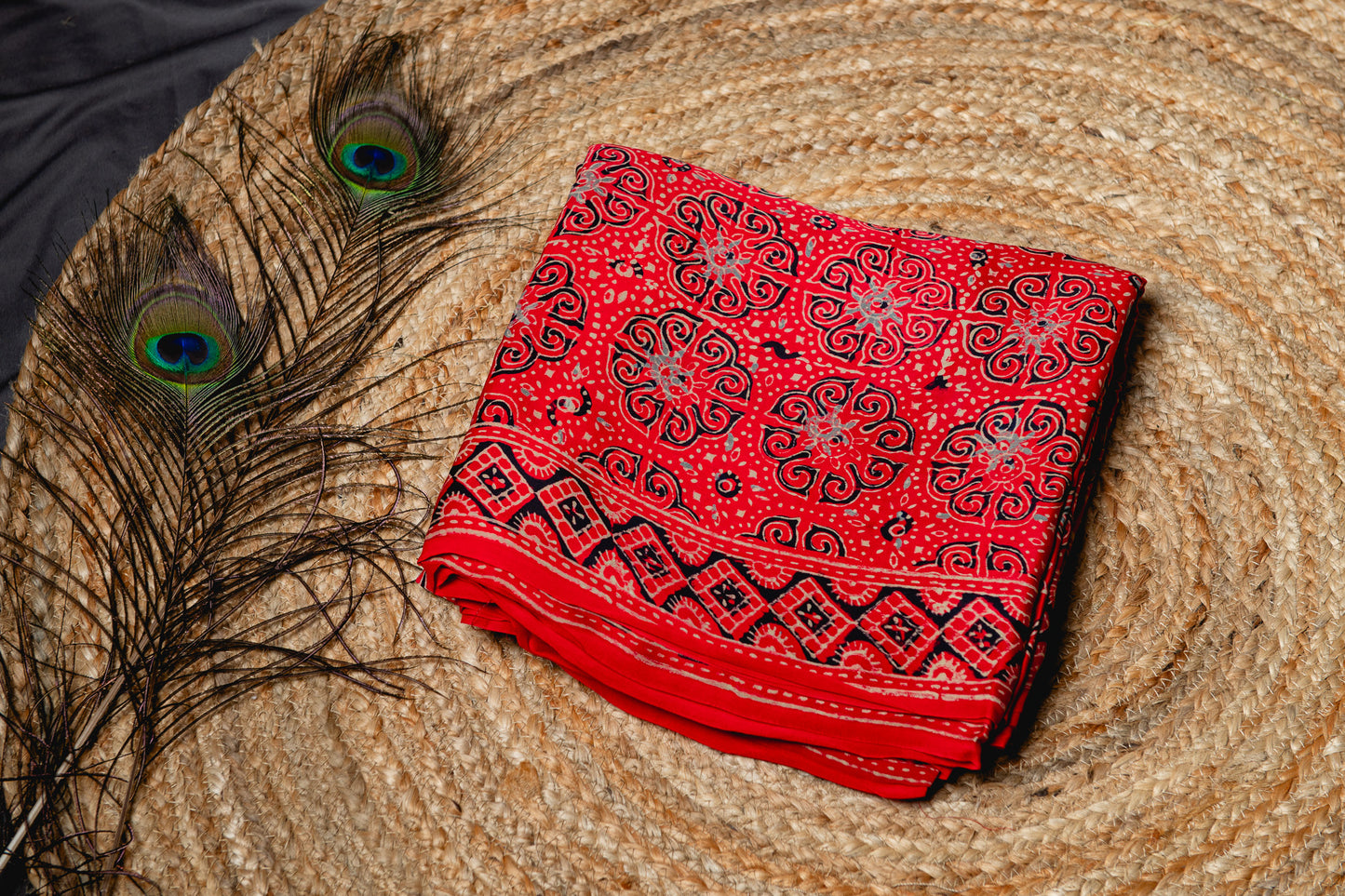 Pure modal silk ajrakh handblock print saree -Red