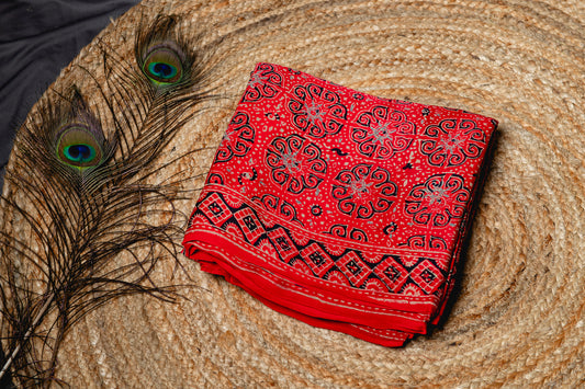 Pure modal silk ajrakh handblock print saree -Red
