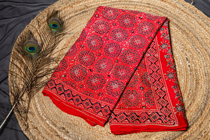 Pure modal silk ajrakh handblock print saree -Red