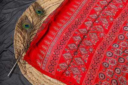 Pure modal silk ajrakh handblock print saree -Red