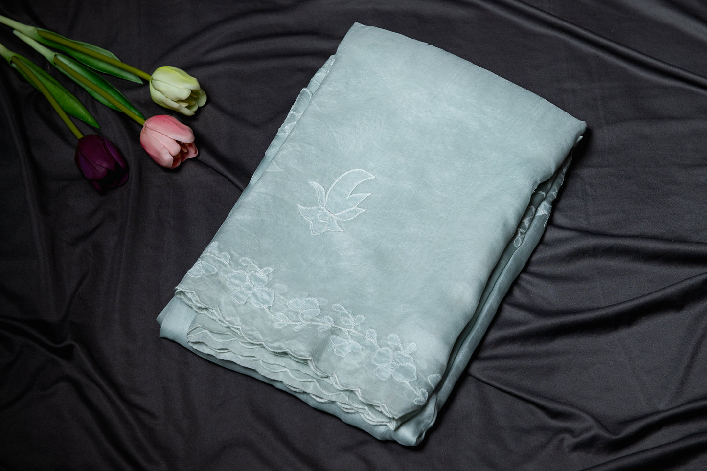 Pure organza applique work saree- Pastel blue